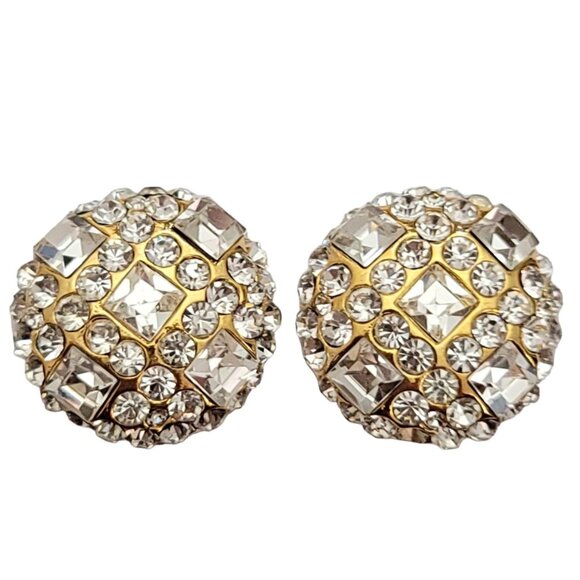 Jarin Gold Tone Round Clear Rhinestone Clip-On Earrings, Signed E971 - Picture 2 of 8